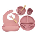 Kit Refeição Bebê Prato Babador Copo Talher Silicone Criança Cor Rosa claro