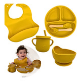 Kit Refeição Bebê Prato Babador Copo Talher Silicone Ventosa Cor Amarelo Lisa