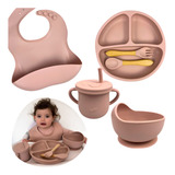 Kit Refeição Bebê Prato Babador Copo Talher Silicone Ventosa Cor Nude Lisa