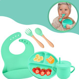 Kit Refeição Bebê Prato Babador Copo Talher Silicone Ventosa