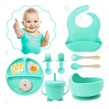 Kit Refeição Bebê Prato Babador Copo Talher Silicone Ventosa