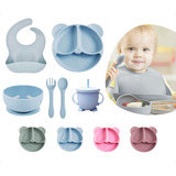 Kit Refeição Bebê Prato Talher Copo Babador Silicone Premium