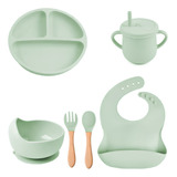 Kit Refeição Bebê Silicone Colher Pratinho Infantil Ventosa Cor Verde claro