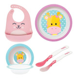 Kit Refeição Com Prato Bowl Babador E Colher Buba Girafa