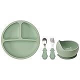 Kit Refeição Infantil 3 Peças Prato Silicone Com Divisórias E Ventosas Bowl E Kit Talher Garfo E Colher Inox Cabo Silicone Buba Verde