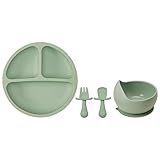 Kit Refeição Infantil 3 Peças Prato Silicone Com Divisórias E Ventosas Bowl E Kit Talher Garfo E Colher Silicone Buba Verde 