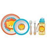 Kit Refeição Infantil 4 Peças Prato Raso Bowl Talher Inox E Garrafa Canudo Silicone Buba Animal Fun Leão