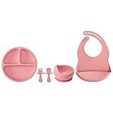 Kit Refeição Infantil 4 Peças Prato Silicone Com Divisórias E Ventosas Bowl Kit Talher Garfo E Colher E Babador Silicone Com Pega Migalhas Buba Rosa 
