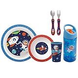 Kit Refeição Infantil 5 Peças Prato Bowl Kit Talher Inox E Garrafa Canudo Silicone 380ml E Copo Aventura Buba Astronauta 