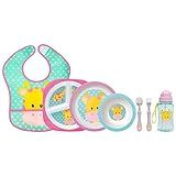 Kit Refeição Infantil 6 Peças Prato Divisórias Prato Raso Bowl Kit Talher Colher E Garfo Garrafa Canudo Silicone E Babador Com Pega Migalhas Buba Animal Fun Girafa 