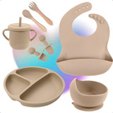 Kit Refeição Infantil De Silicone Talher Babador Tigela Copo Cor Creme
