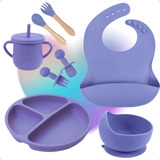 Kit Refeição Infantil De Silicone Talher Babador Tigela Copo Cor Roxo