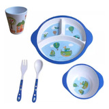 Kit Refeição Infantil Prato Pote Copo Talheres 5 Peças