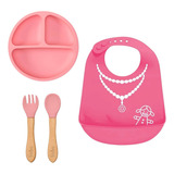 Kit Refeiçao Silicone Pratinho Ventosa Talheres Babador