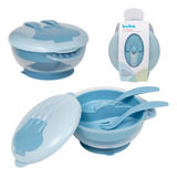 Kit Refeição Viagem Azul Com Talheres E Ventosa Bebês Buba
