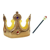 Kit Rei Coroa Tecido Pedraria E Cetro Fantasia Carnaval