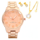 Kit Relógio Feminino Dourado Kit Joias Folheado A Ouro Top
