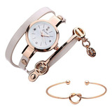 Kit Relógio Feminino Dourado Pulseira Branca Com Bracelete