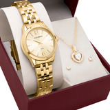 Kit Relógio Feminino Mondaine Dourado Com Semi Joia Colar E Brincos 32606lpmkde1k2
