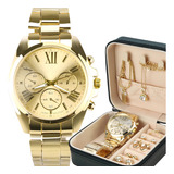 Kit Relógio Feminino Prova Dagua Analogico Aço Ouro Jóias Correia Dourado Bisel Dourado