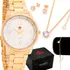 Kit Relógio Feminino Quebec Original Dourado E Branco Conjunto Qbf1009 Colar E Brincos