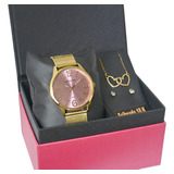 Kit Relogio Lince Feminino Dourado Semi Joia Lrgh222l40 Fundo Rosa