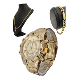 Kit Relógio Masculino Dourado Pulseira Corrente E Pingente