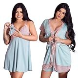 Kit Robe Roupão E Camisola Amamentação Pós Parto Liso Com Renda Maternidade Gestante Para Mães Que Amamentam Moda Materna Prática Verde GG 