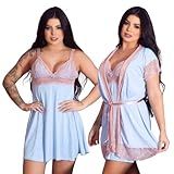 Kit Robe Roupão E Camisola Amamentação Pós Parto Liso Com Renda Vestido De Dormir Maternidade Gestante Para Mães Que Amamentam Moda Materna Prática Azul GG 