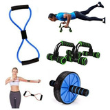 Kit Roda Abdominal Barra Apoio Flexão Elástico Treino Fit