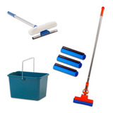 Kit Rodo Mop Com 3 Refis Limpa Vidros E Balde Limpa Seca