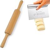 Kit Rolo De Massa Em Madeira 43 Cm Com Espatula De Corte E Raspadora De Inox Com Régua De Medição 12 X15 Cm Utensílio De Cozinha Para Massas Premium