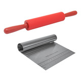 Kit Rolo De Massa Silicone Pizza Pão Espátula Raspadora Inox Cor Vermelho