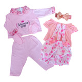 Kit Roupinha Bebê Reborn Jardineira Pijama 5 Peças Mais Tiara Mamãe Reborn