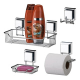 Kit Saboneteira Porta Shampoo Papel Gancho Ventosa Aço Inox