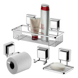 Kit Saboneteira Porta Shampoo Papel Gancho Ventosa Cromado