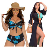 Kit Saida Longa Biquini Hot Pants Cintura Alta Moda Praia