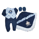 Kit Saída Maternidade Macacão Bebê Menino Azul Príncipe Fofo