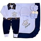 Kit Saída Maternidade Menino Príncipe- 5 Peças Em 2 Tons Branco E Azul Marinho Com Coroa Bordada- Macacão- Touca- Sapatinho- Luvas E Manta