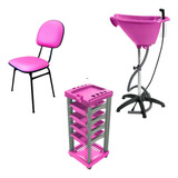 Kit Salão Rosa Carrinho Lavatório Portátil Cadeira Salão