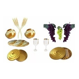 Kit Santa Ceia Completo C Bandejas Douradas Paes Uvas Tacas