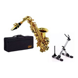 Kit Saxofone Sax Alto Mib Dourado Sft6430l Shelter Suporte