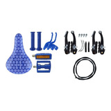 Kit Selim Banco Manopla Manete Pedal Freio Bike Aro 16 Azul