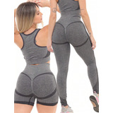 Kit Shorts Top Calça Legging Academia Levanta Empina Bumbum