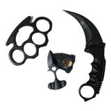 Kit Soco Inglês Aço   Faca De Pescoço Karambit   Push Dagger Cor Preto Liso