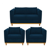 Kit Sofá 2 Lugares E 2 Poltronas Europa Suede Azul Marinho