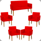 Kit Sofá 2 Lugares Namoradeira Reforçada 4 Poltronas Cores Cor Vermelho Desenho Do Tecido Suede Liso