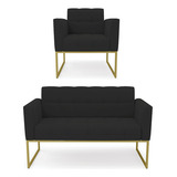 Kit Sofá E 1 Poltrona Veludo Base Industrial Dourado Cor Preto