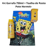 Kit Squeeze 750ml Bob Esponja Toalha E Pote Hermetico