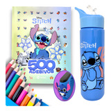 Kit Stitch Livro Colorir Garrafa Lápis De Cor Relógio Azul Rosa